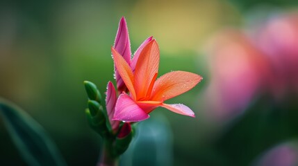 Fototapeta premium A tight shot of an orange-pink bloom with a green stem in sharp focus, and a blurred background