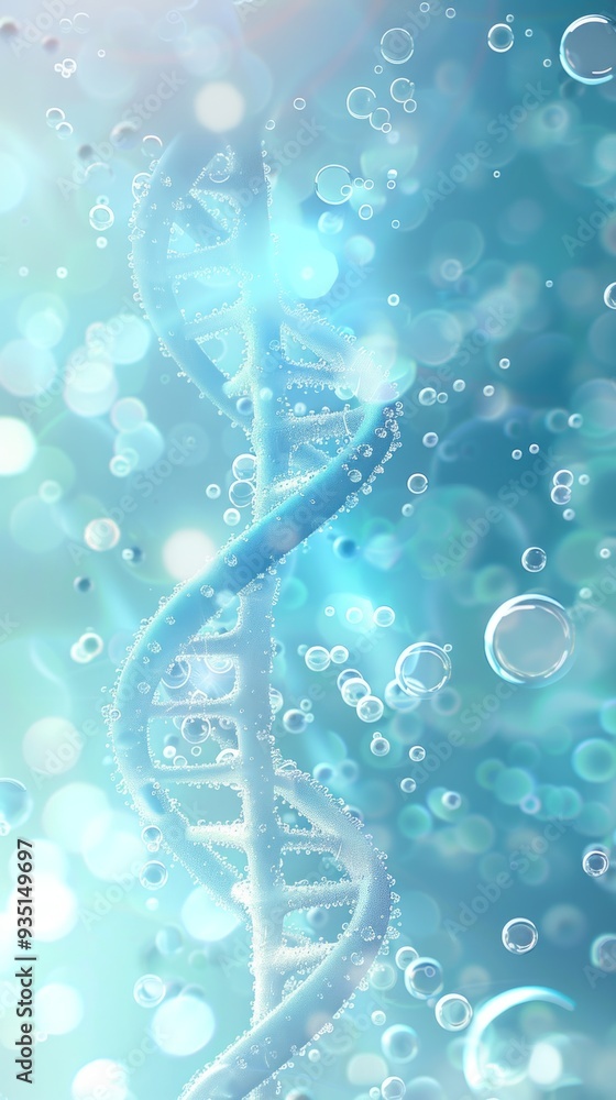 Poster A mesmerizing spiral of blue DNA double helix rises gracefully amid floating bubbles, set against a serene backdrop of soft blue tones, creating a calming effect