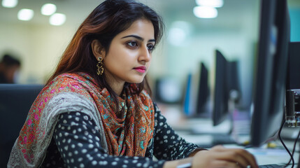 A professional, confident South Asian woman sitting at her desk in a modern and bright office. Natural candid advertising style. Wide landscape aspect ration 16:9