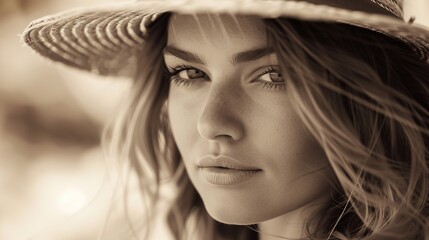  A black-and-white image of a woman in a wide-brimmed hat, her long hair cascading down her shoulders, gazing off to the side