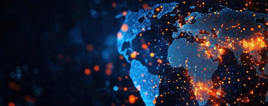 A stunning visual representation of Earth showcasing glowing networks and lights, symbolizing connectivity and technology across the globe.
