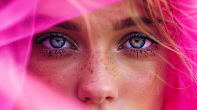 freckled skin, blue eyes, and eyelashes dotted with frecks