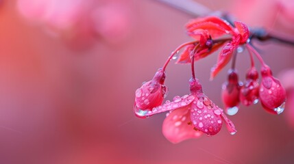 Fototapeta premium Close-up of a flower with dewdrops, pink background blooms ..Or, for a more concise version:..Dewdrops