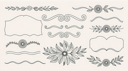 wavy border doodle elements black and white illustration, calligraphic design elements and page decoration