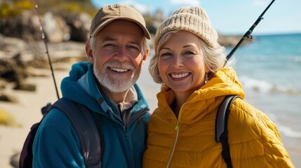 Happy seniors fishing on beach