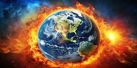 Obraz premium depicting planet Earth burning under extreme heat, showing global warming disaster in Asia and climate change effects