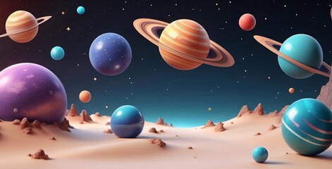 Colorful planets and stars in a night sky above a sandy landscape.