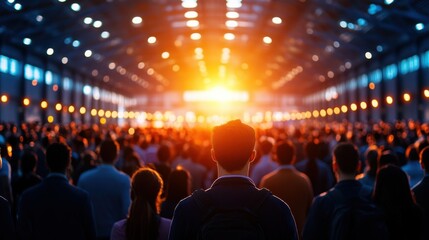 An audience captivated by a bright stage light in a large industrial venue, creating an electric atmosphere of excitement.