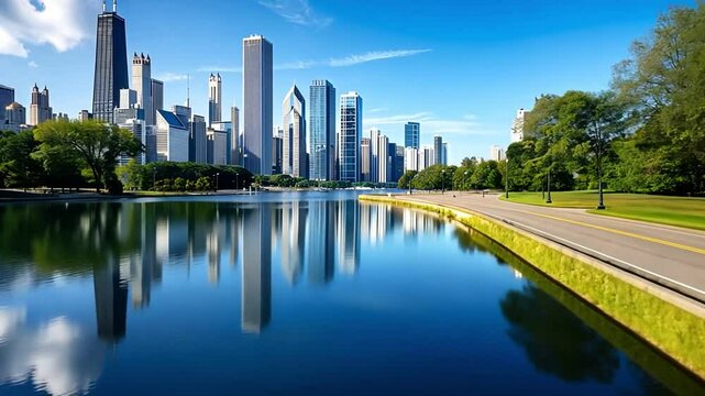 Skyline of a modern city with tall skyscrapers, lush green park, and a serene lake reflecting the blue sky