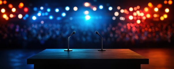 An empty debate stage with two microphones awaiting speakers, illuminated by colorful stage lights, creating an engaging atmosphere.