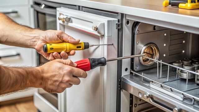 A close-up of a skilled hand using a screwdriver to tighten a loose screw on a faulty kitchen appliance, with tools and parts scattered nearby.