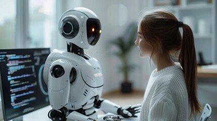 Woman opposite AI. The concept of the confrontation between humanity and artificial intelligence.