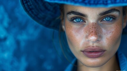  A close-up of a woman's face adorned with freckles