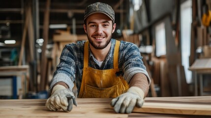 Obraz premium Carpenter applies wood vinyl to furniture.