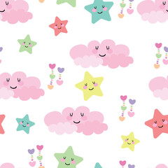 Seamless pattern with clouds, stars, cute cartoons, for fabric prints, textiles, gift wrapping paper. colorful vector for children, flat style