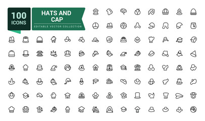 Hats and cap icons set. Including to beanie, bowler, sun visor, and cowboy. Pixel perfect, minimalistic outline icons collection. Editable vector illustration.