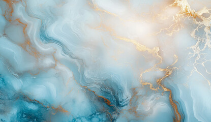 Abstract blue and gold marble background with swirling patterns and glitter.