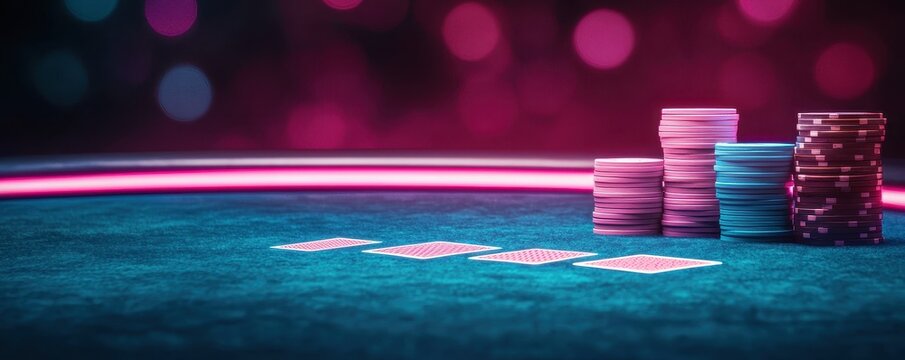 Colorful poker chips are stacked on a green felt table, showcasing a thrilling gaming atmosphere with illuminated background.