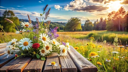 relaxed summer afternoon with distressed wood and wildflowers