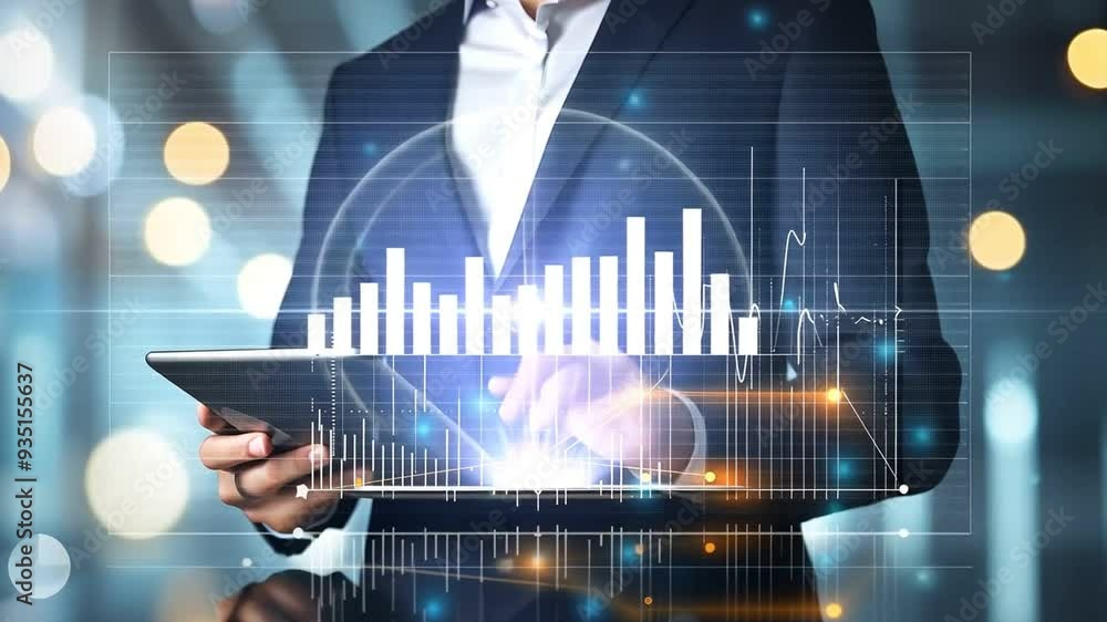 Aufkleber businessman using digital tablet analyzing financial data and graphs in modern office. concept of fi