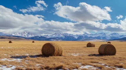 Snowy mountains loom over vast hay field