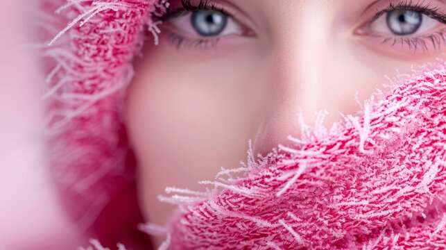  A woman's face, tightly framed Pink scarf draped around neck Blue eyes piercingly clear