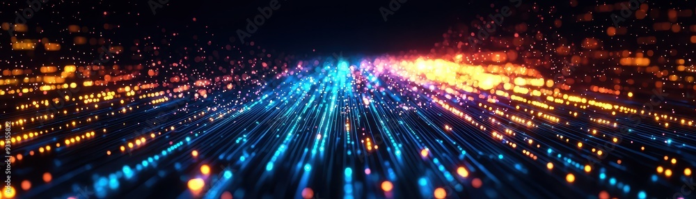 Poster dynamic abstract image depicting vibrant lines of light in blue and orange hues, creating a sense of
