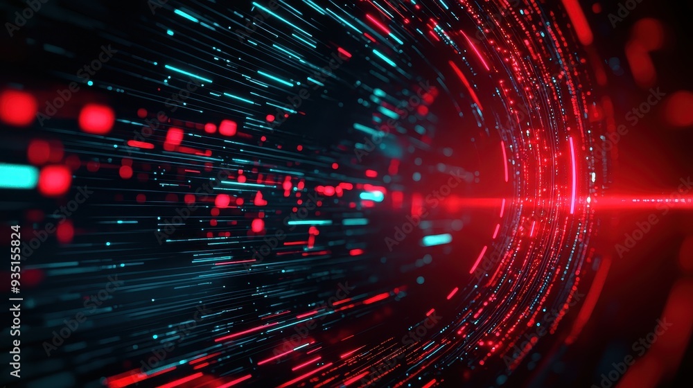 Poster dynamic abstract background featuring vibrant red and blue light trails, creating a futuristic and e