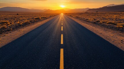 Naklejka premium asphalt road in the desert at sunset. View from above.