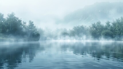 Fototapeta premium Gentle mist over a calm lake with a blank sky section for text