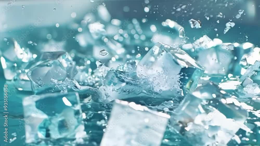 Aufkleber ice cubes floating in sparkling water, melting slowly, creating blue hues and abstract textures, wit