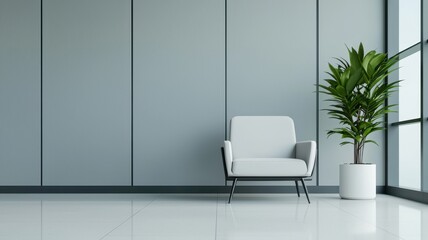 Modern interior featuring a stylish armchair and a potted plant against minimalistic grey walls and a bright, open atmosphere.