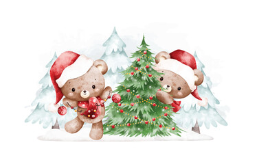 Watercolor Illustration Christmas Bear and Tree in Snow