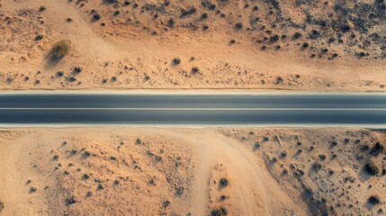 asphalt road in the desert at sunset. View from above.