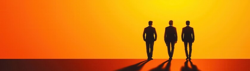 Silhouettes of three business professionals walking at sunset, symbolizing teamwork, collaboration, and leadership in business.