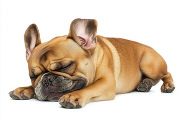 Fototapeta premium Sleepy french bulldog resting on white background