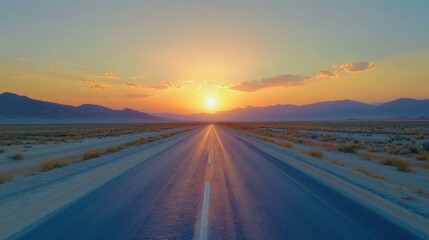 asphalt road in the desert at sunset. View from above.