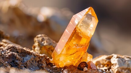  A yellow crystal atop a rock pile, adjacent to a mound of dirt and stones