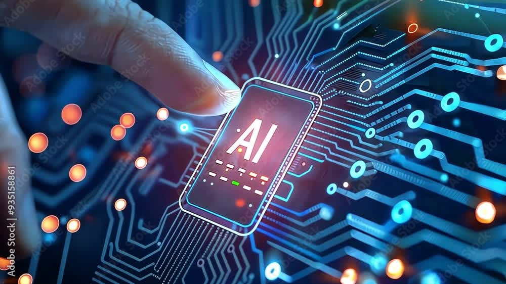 Aufkleber futuristic depiction of ai technology with a human hand interacting with a digital interface represe