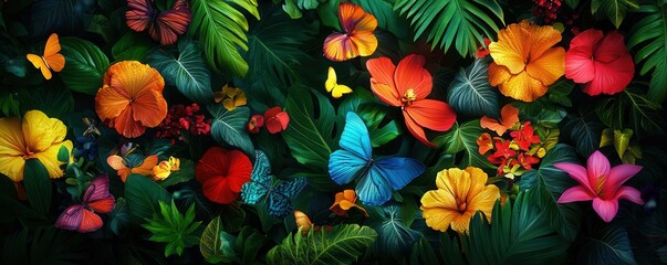 Vibrant floral arrangement with colorful butterflies, showcasing nature's beauty and diversity in a lush tropical environment.