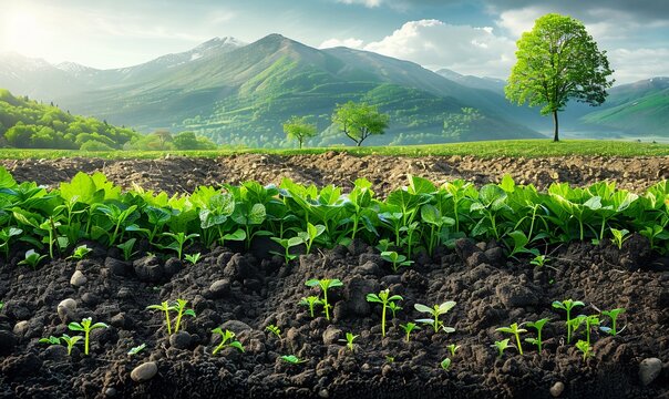 Illustration showing the benefits of agroforestry in sustainable development with visuals depicting how integrating trees into agricultural landscapes can improve biodiversity and soil health