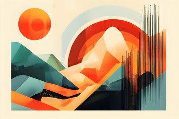 Fototapeta premium A vibrant abstract artwork featuring geometric shapes in red, blue, yellow, and black. The composition is dynamic and energetic, with overlapping shapes and contrasting colors