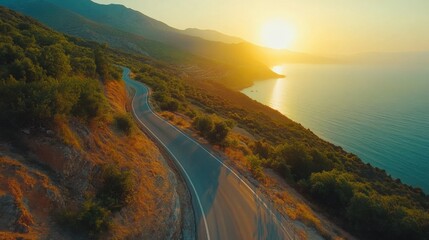 mountain road at sunset. Top view.