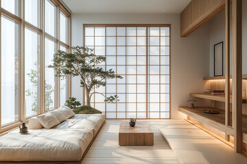A minimalist living room with a Japanese inspired