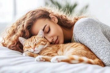 Serene woman embracing ginger cat on cozy afternoon