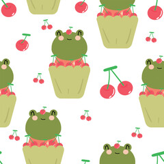 Seamless pattern with cute cartoon frogs, for fabric prints, textiles, gift wrapping paper. children's flat and colorful style
