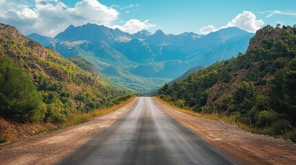 photo of a narrow asphalt road in a mountainous area.