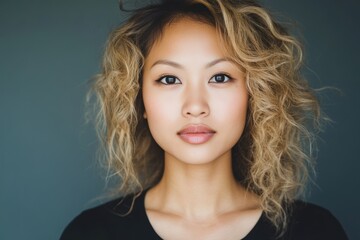 Confident young woman with natural makeup curly hair