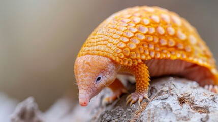 Obraz premium A tight shot of a yellow-orange lizard on a rock, its head tilted to the side
