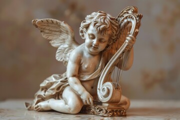 A charming statue depicting a baby holding a harp, capturing innocence and musicality in a graceful design, A small cherub playing with a tiny harp, AI generated